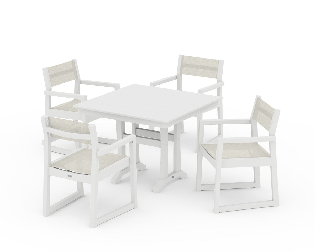 POLYWOOD EDGE Sling 5-Piece Farmhouse Dining Set with Trestle Legs in White / Parchment