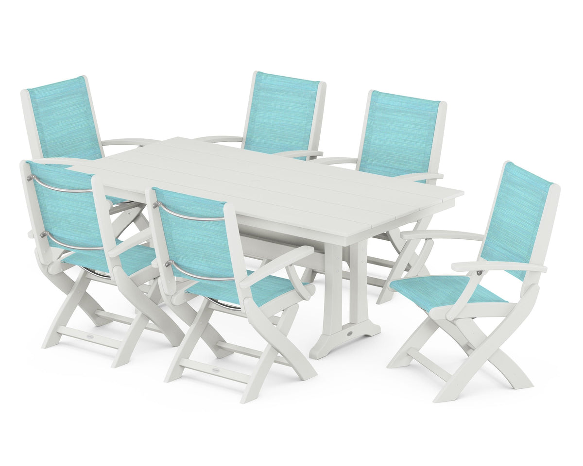 POLYWOOD Coastal Folding Arm Chair 7-Piece Farmhouse Dining Set with Trestle Legs in Vintage White / Dupioni Aquamarine