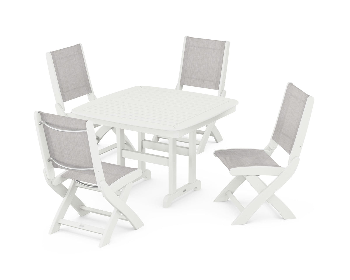 POLYWOOD Coastal Folding Side Chair 5-Piece Dining Set with Nautical 44" Dining Table in Vintage White / Parchment