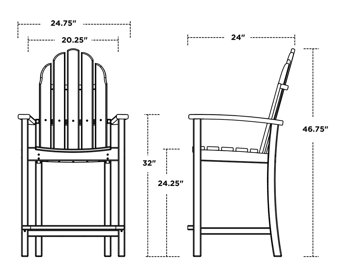POLYWOOD Classic Adirondack Counter Chair dimension drawing with width, depth and height measurements