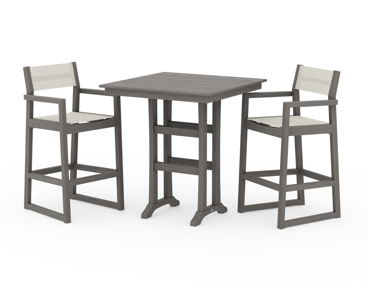POLYWOOD EDGE Sling Arm Chair 3-Piece Farmhouse Bar Set with Trestle Legs in Driftwood / Parchment