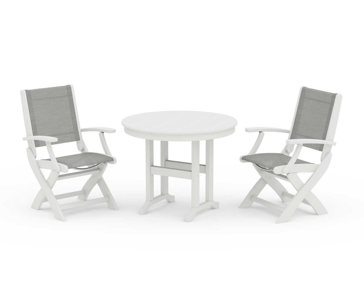 POLYWOOD Coastal Folding Chair 3-Piece Round Dining Set in White / Metallic