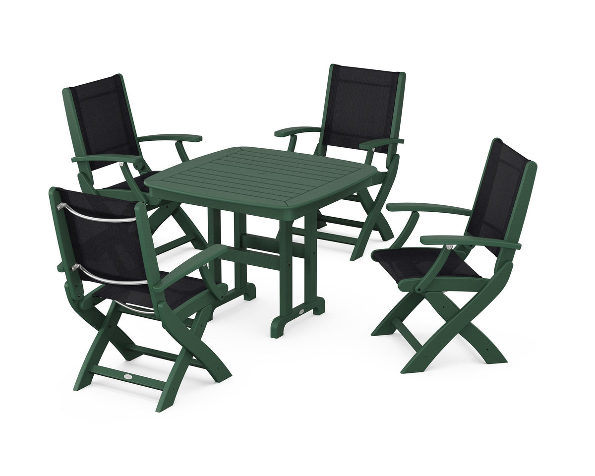 POLYWOOD Coastal Folding Chair 5-Piece Dining Set with Nautical 37" Dining Table in Green / Black