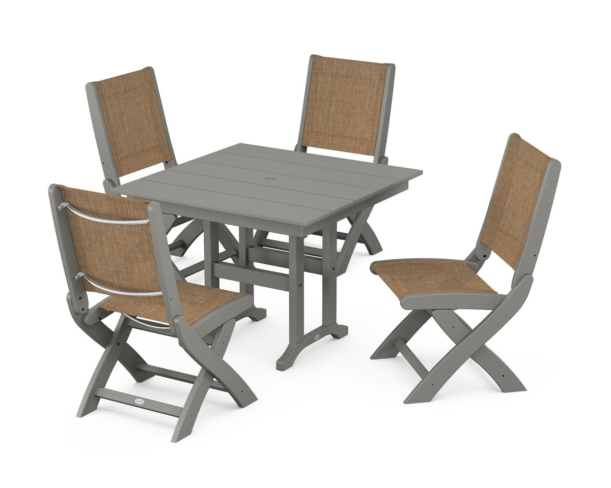 POLYWOOD Coastal Folding Side Chair 5-Piece Farmhouse Dining Set in Slate Grey / Burlap