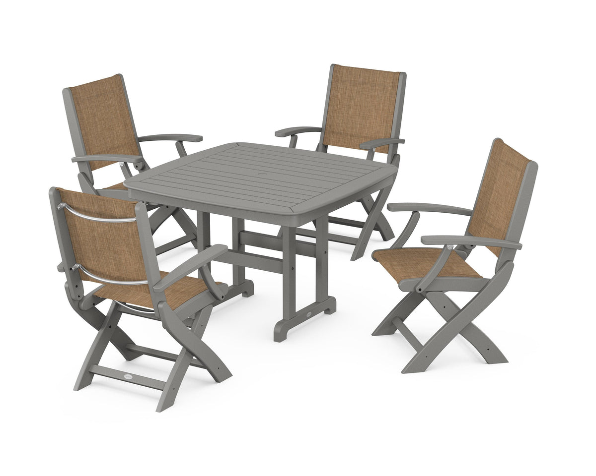 POLYWOOD Coastal Folding Chair 5-Piece Dining Set with Nautical 44" Dining Table in Slate Grey / Burlap
