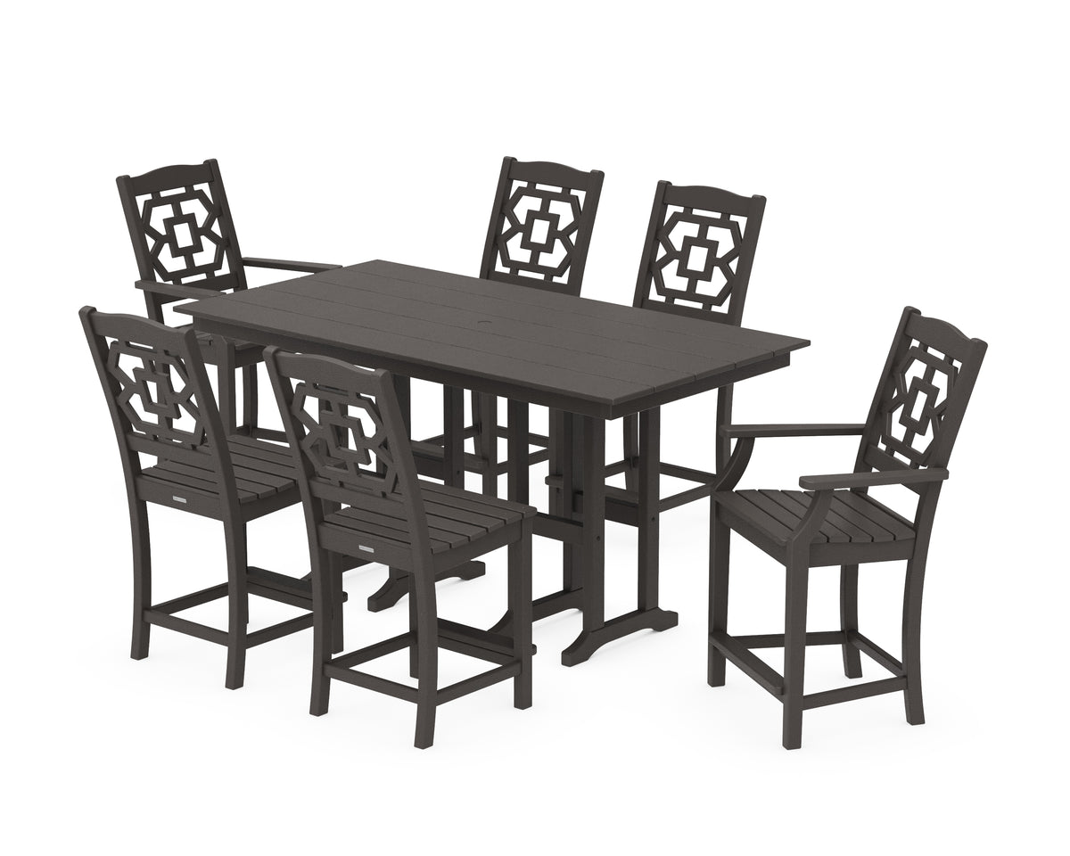 POLYWOOD Chinoiserie 7-Piece Farmhouse Counter Set in Vintage Coffee