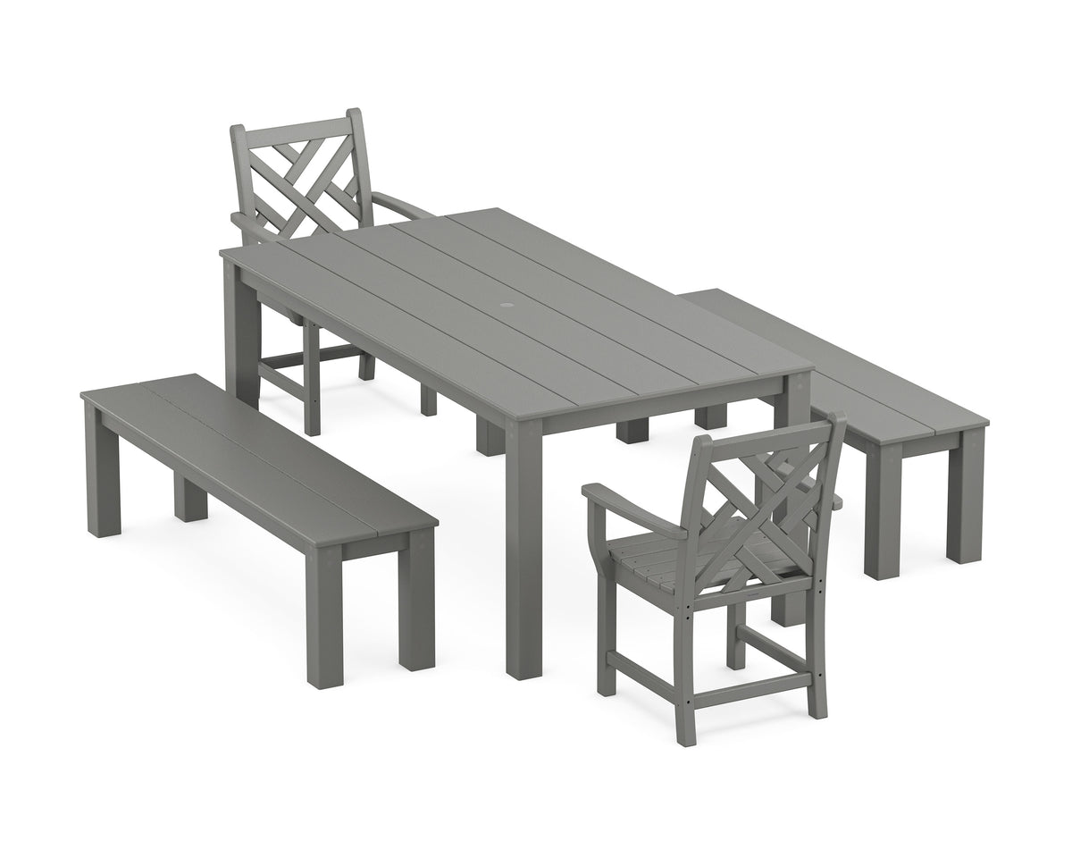 POLYWOOD Chippendale 5-Piece Parsons Dining Set with Benches in Slate Grey