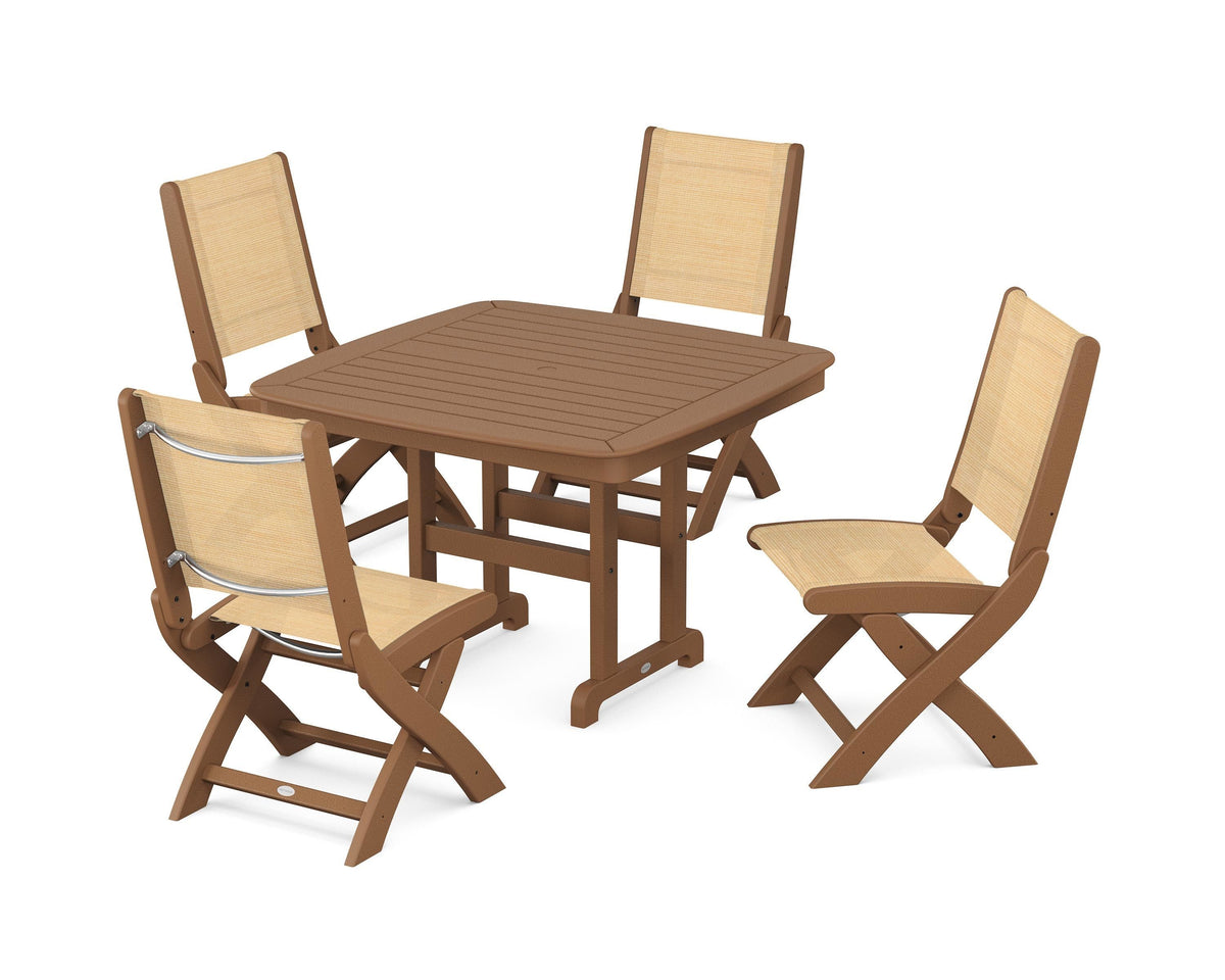 POLYWOOD Coastal Folding Side Chair 5-Piece Dining Set with Nautical 44" Dining Table in Teak / Dupioni Apricot