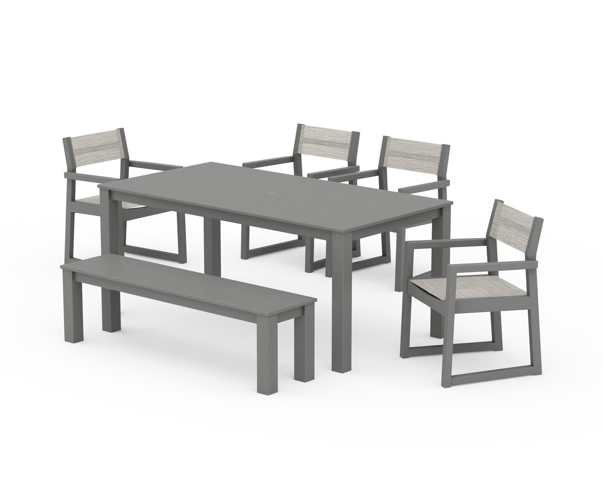 POLYWOOD EDGE Sling Arm Chair 6-Piece Parsons Dining Set with Bench in Slate Grey / Birch