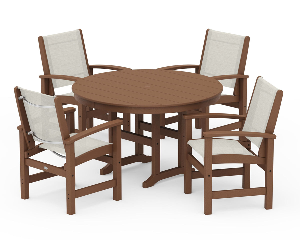 POLYWOOD Coastal 5-Piece Round Farmhouse Dining Set in Teak / Parchment