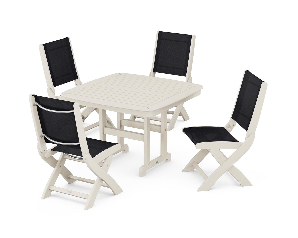 POLYWOOD Coastal Folding Side Chair 5-Piece Dining Set with Nautical 44" Dining Table in Sand / Black