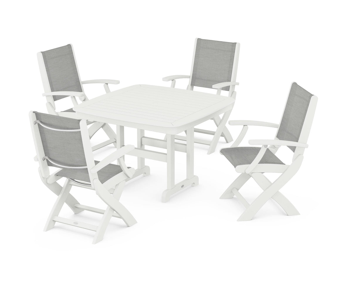 POLYWOOD Coastal Folding Chair 5-Piece Dining Set with Nautical 44" Dining Table in Vintage White / Metallic