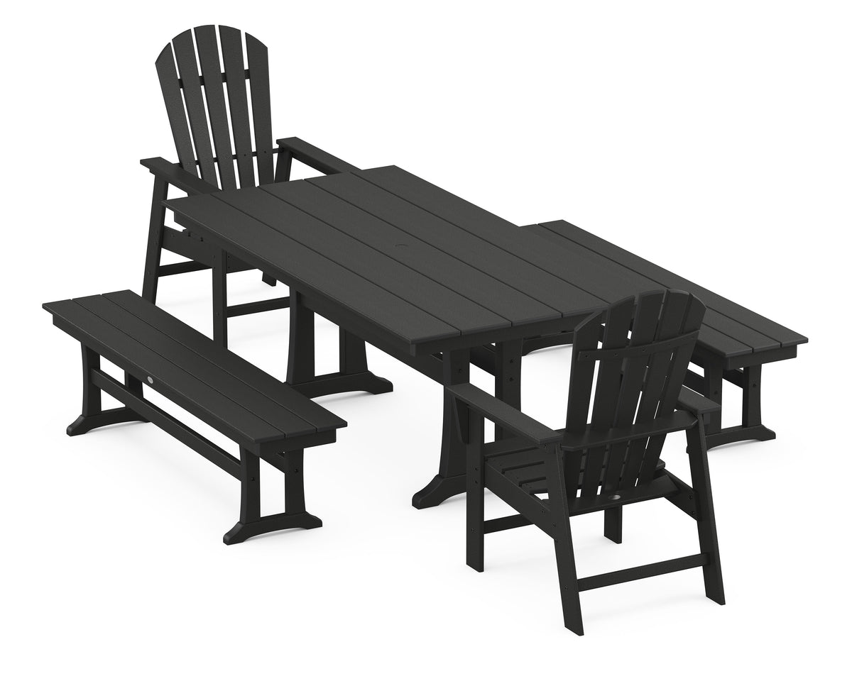 POLYWOOD South Beach 5-Piece Farmhouse Dining Set with Trestle Legs - 37" x 72" Table in Black