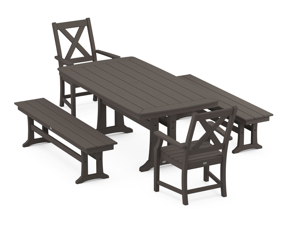 POLYWOOD Braxton 5-Piece Dining Set with Trestle Legs - 38" x 73" Table in Vintage Coffee