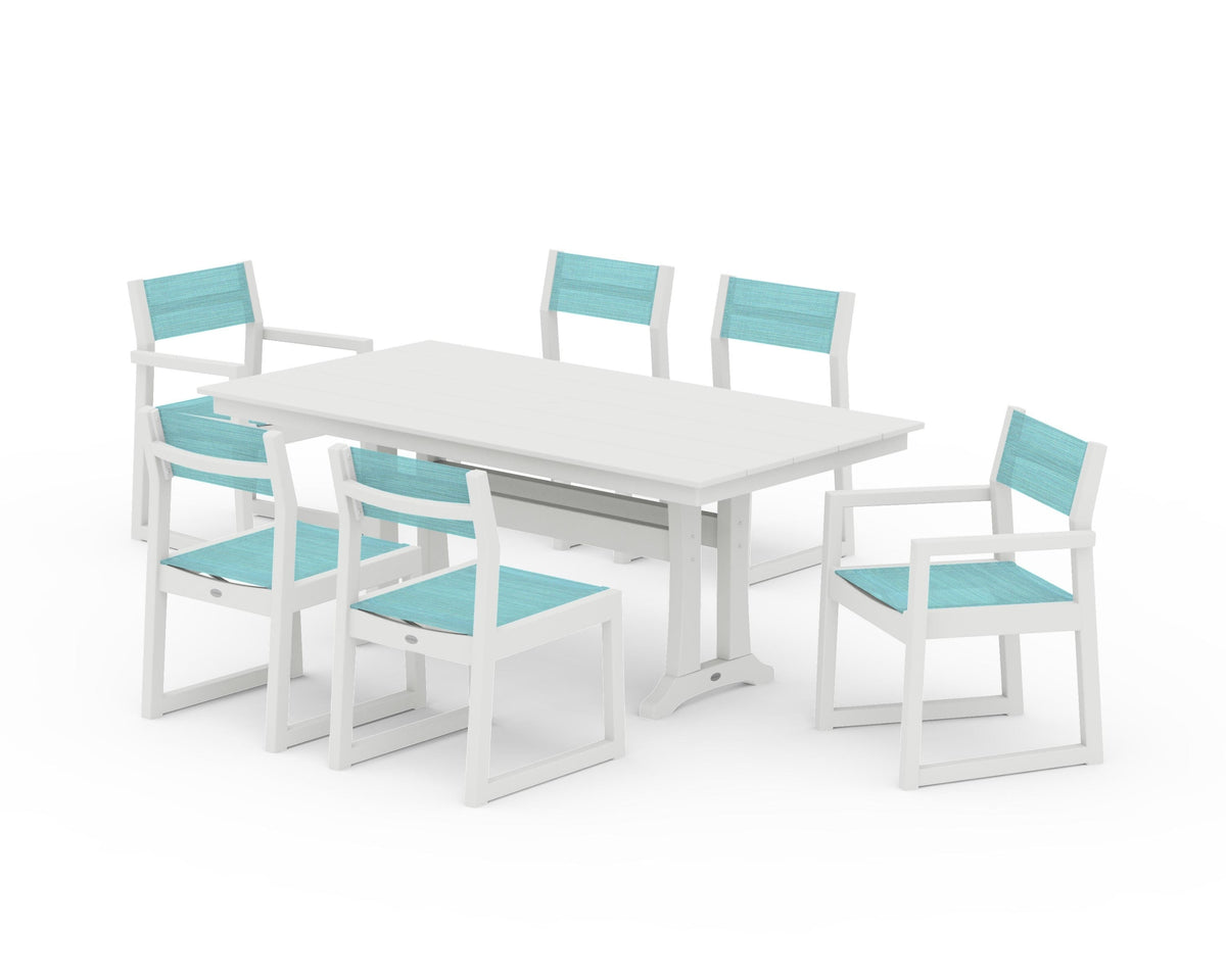 POLYWOOD EDGE Sling 7-Piece Farmhouse Trestle Dining Set in Vintage White / Dupioni Aquamarine