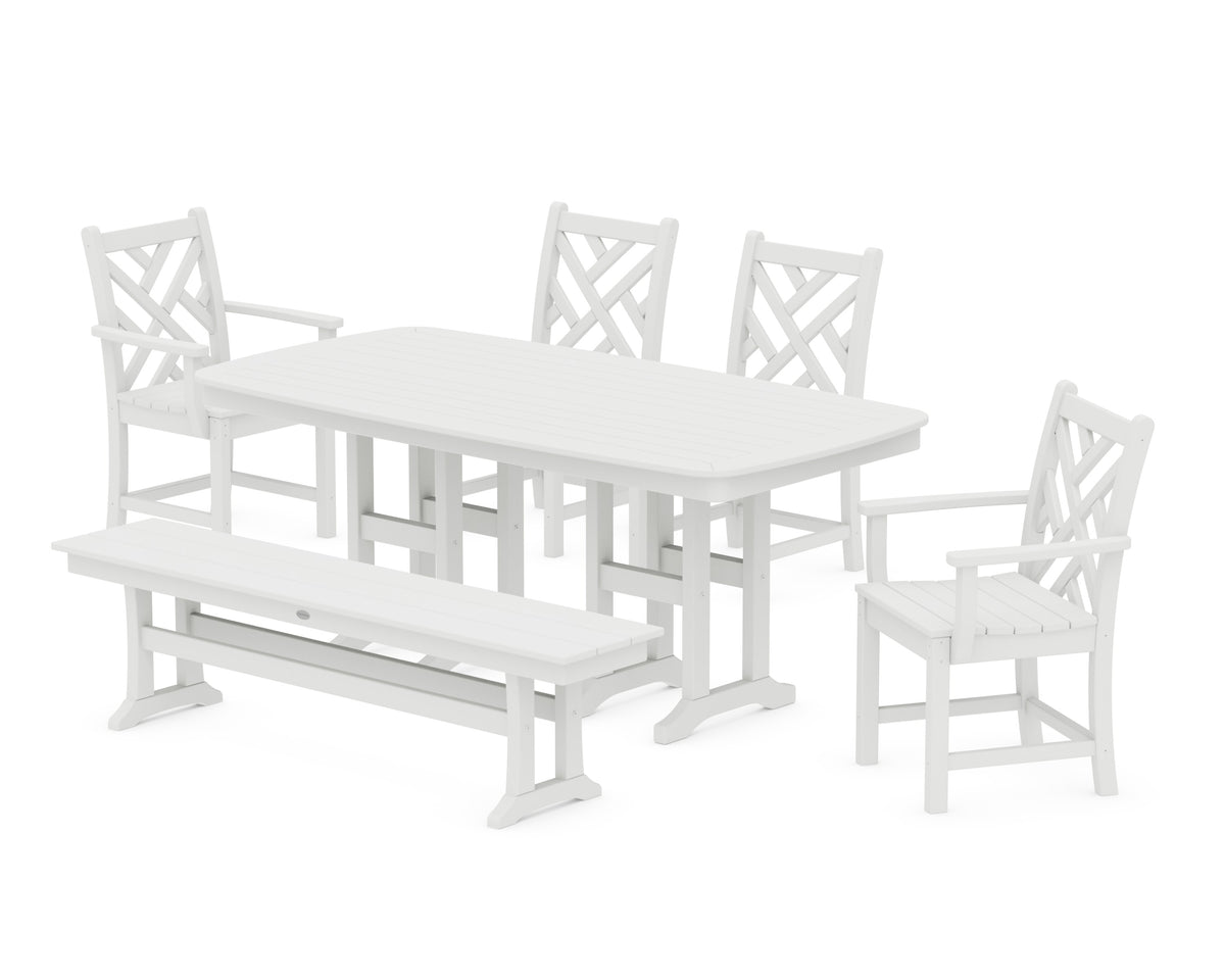 POLYWOOD Chippendale 6-Piece Dining Set with Bench - 37" x 72" Table in White