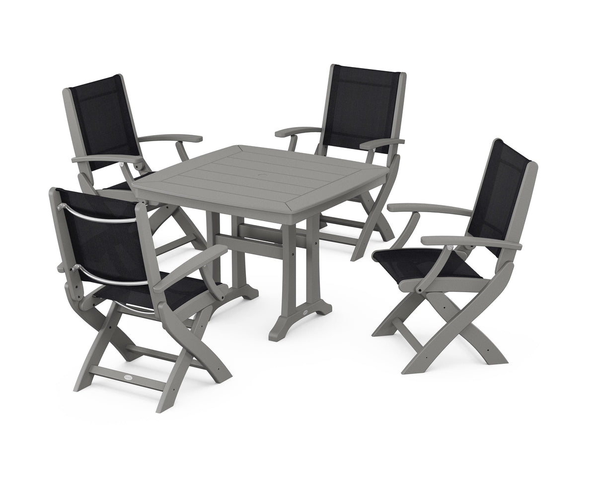 POLYWOOD Coastal Folding Chair 5-Piece Dining Set with Trestle Legs in Slate Grey / Black