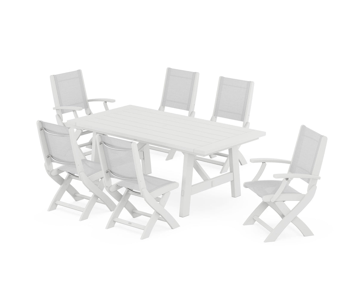 POLYWOOD Coastal Folding Chair 7-Piece Rustic Farmhouse Dining Set in White / White