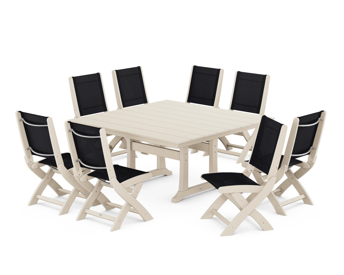 POLYWOOD Coastal Folding Side Chair 9-Piece Farmhouse Dining Set in Sand / Black
