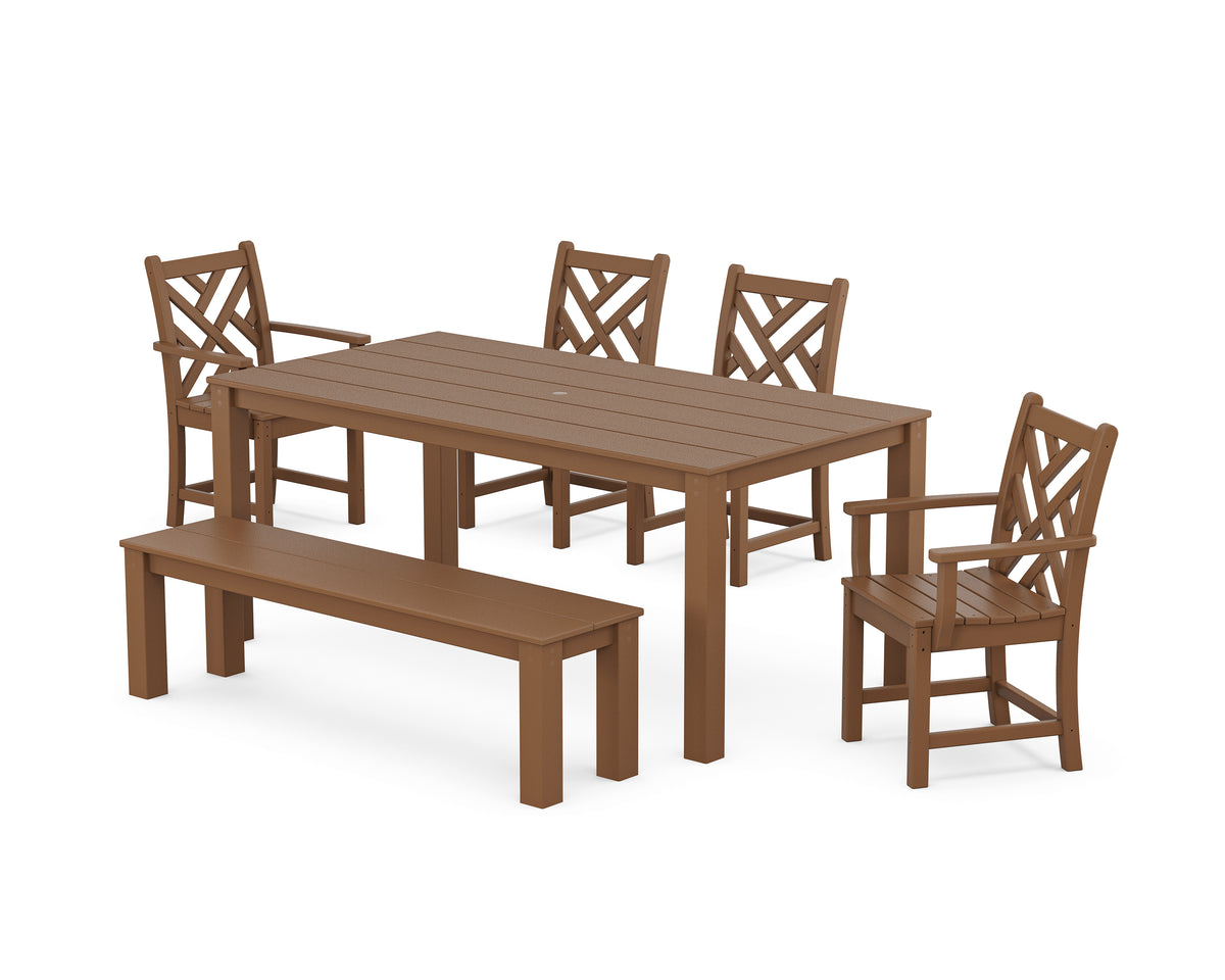 POLYWOOD Chippendale 6-Piece Parsons Dining Set with Bench with Chippendale Dining Side Chair in Teak