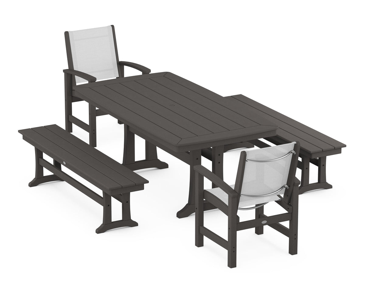 POLYWOOD Coastal 5-Piece Dining Set with Trestle Legs and Benches in Vintage Coffee / White