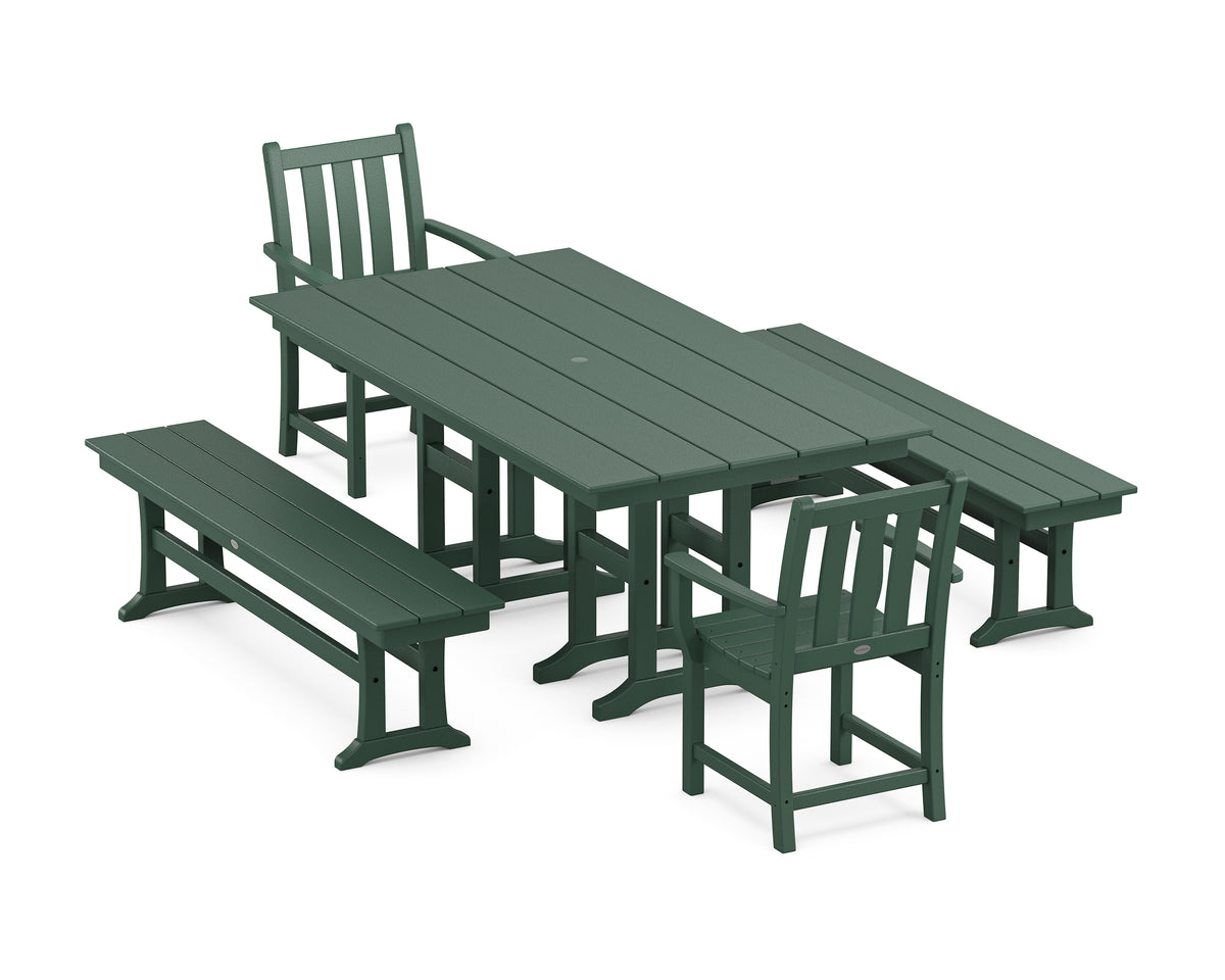 POLYWOOD Traditional Garden 5-Piece Farmhouse Dining Set with Benches in Green