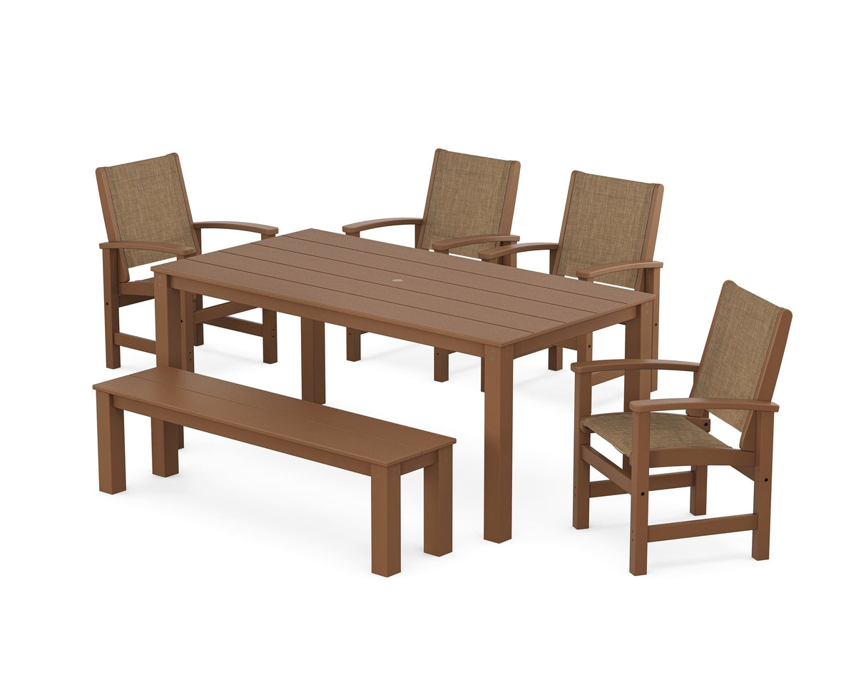 POLYWOOD Coastal 6-Piece Parsons Dining Set with Bench in Teak / Burlap