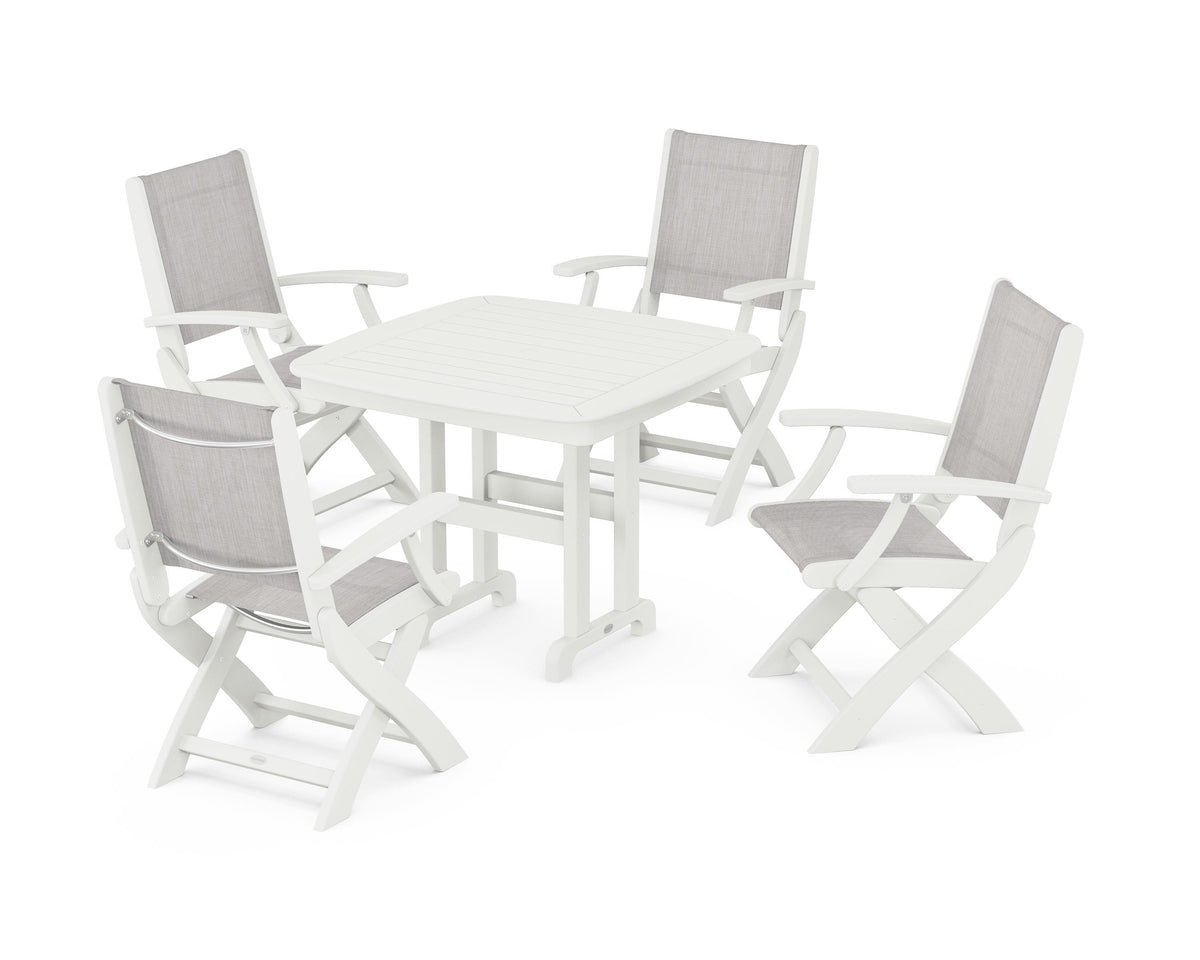 POLYWOOD Coastal Folding Chair 5-Piece Dining Set with Nautical 37" Dining Table in Vintage White / Parchment