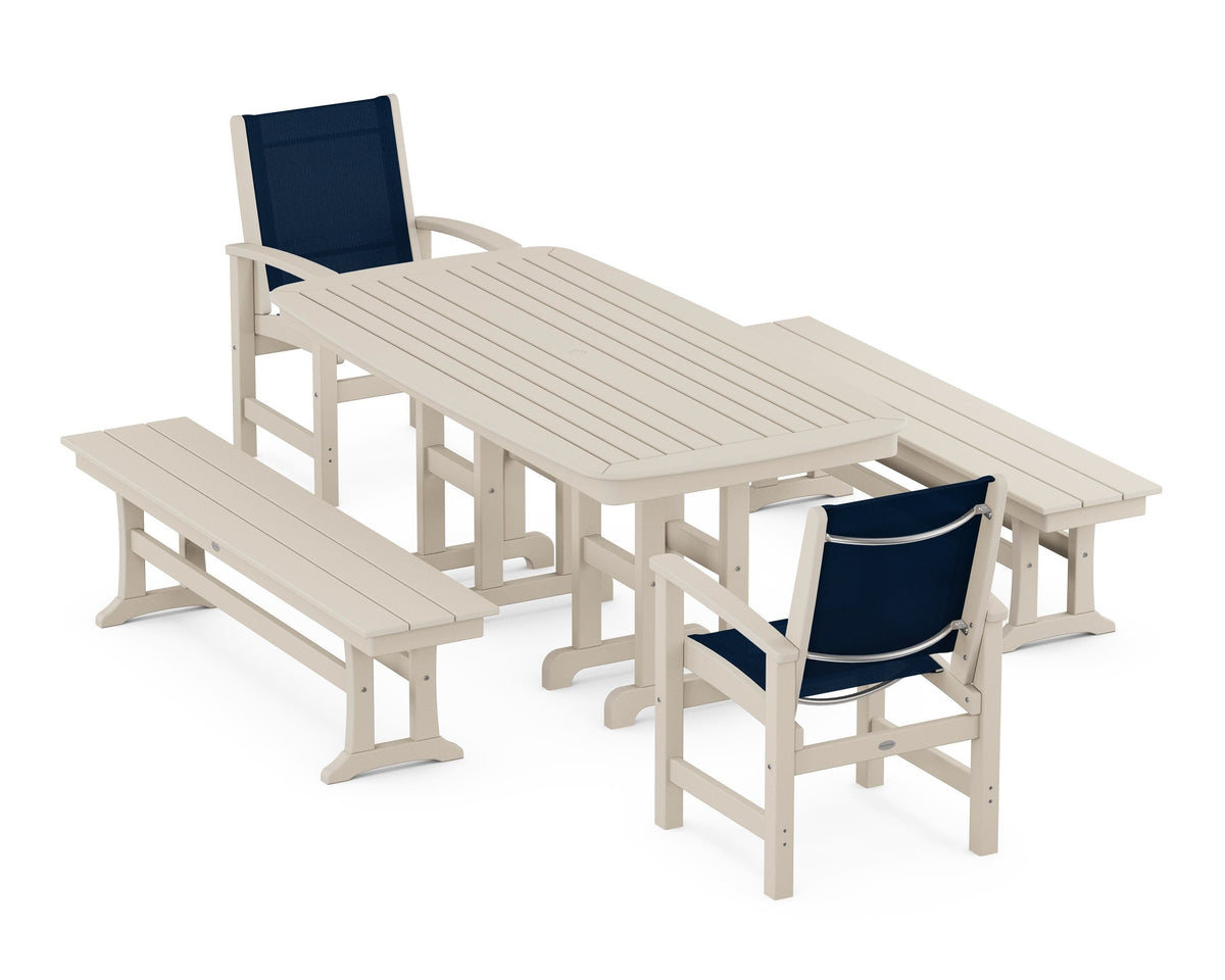 POLYWOOD Coastal 5-Piece Dining Set with Nautical 37" x 72" Dining Table in Sand / Navy Blue