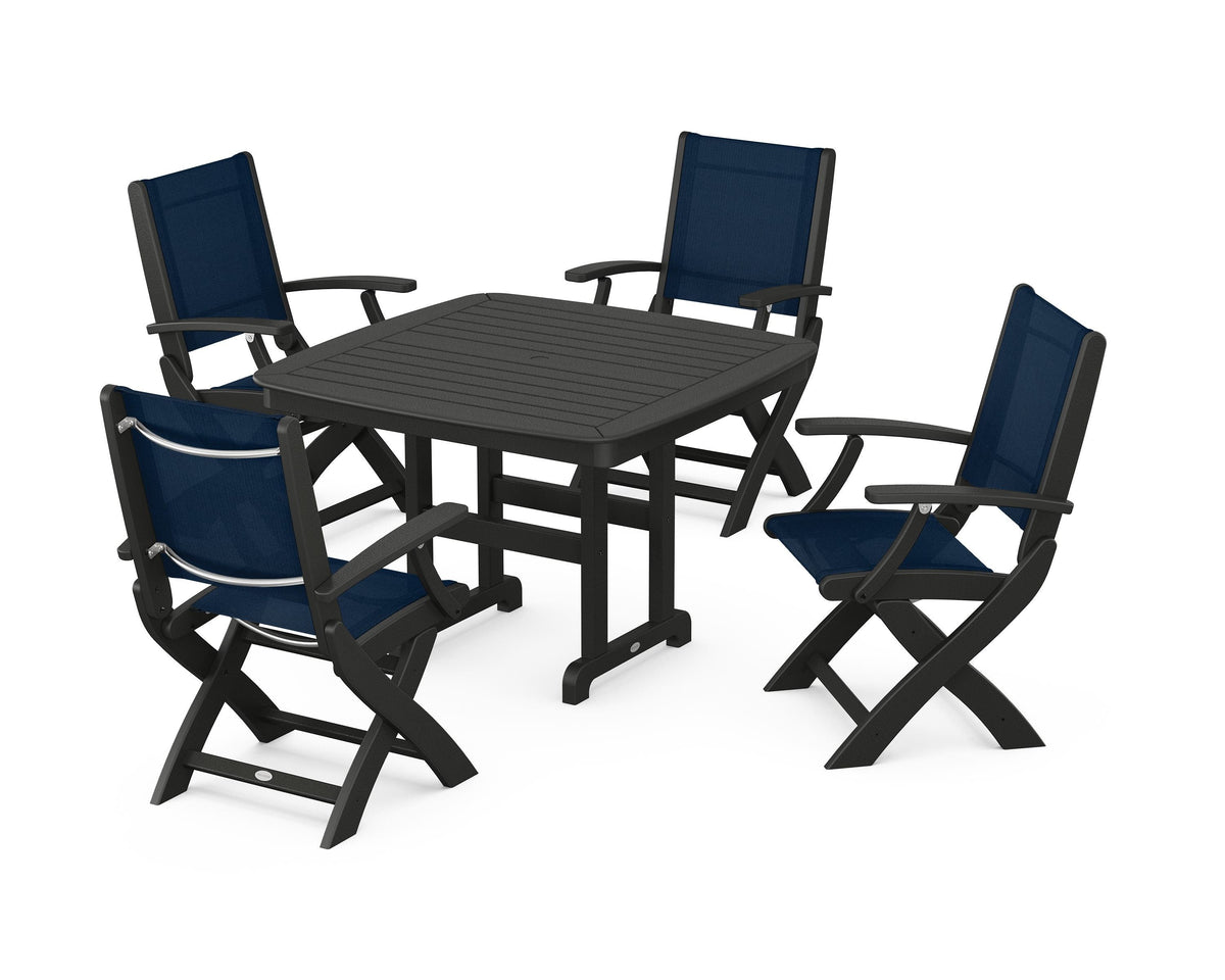 POLYWOOD Coastal Folding Chair 5-Piece Dining Set with Nautical 44" Dining Table in Black / Navy Blue