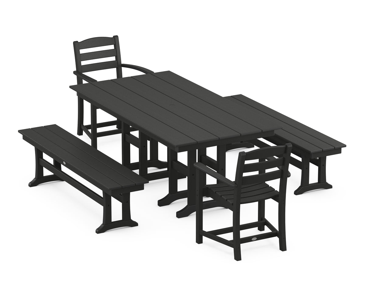 POLYWOOD La Casa Café 5-Piece Farmhouse Dining Set with Benches in Black