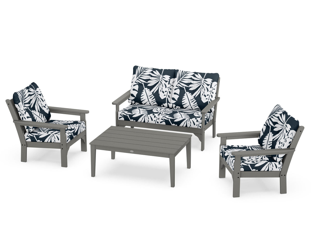 POLYWOOD Vineyard 4-Piece Deep Seating Set with Two Chairs and Loveseat in Slate Grey / Leaf Marine Indigo