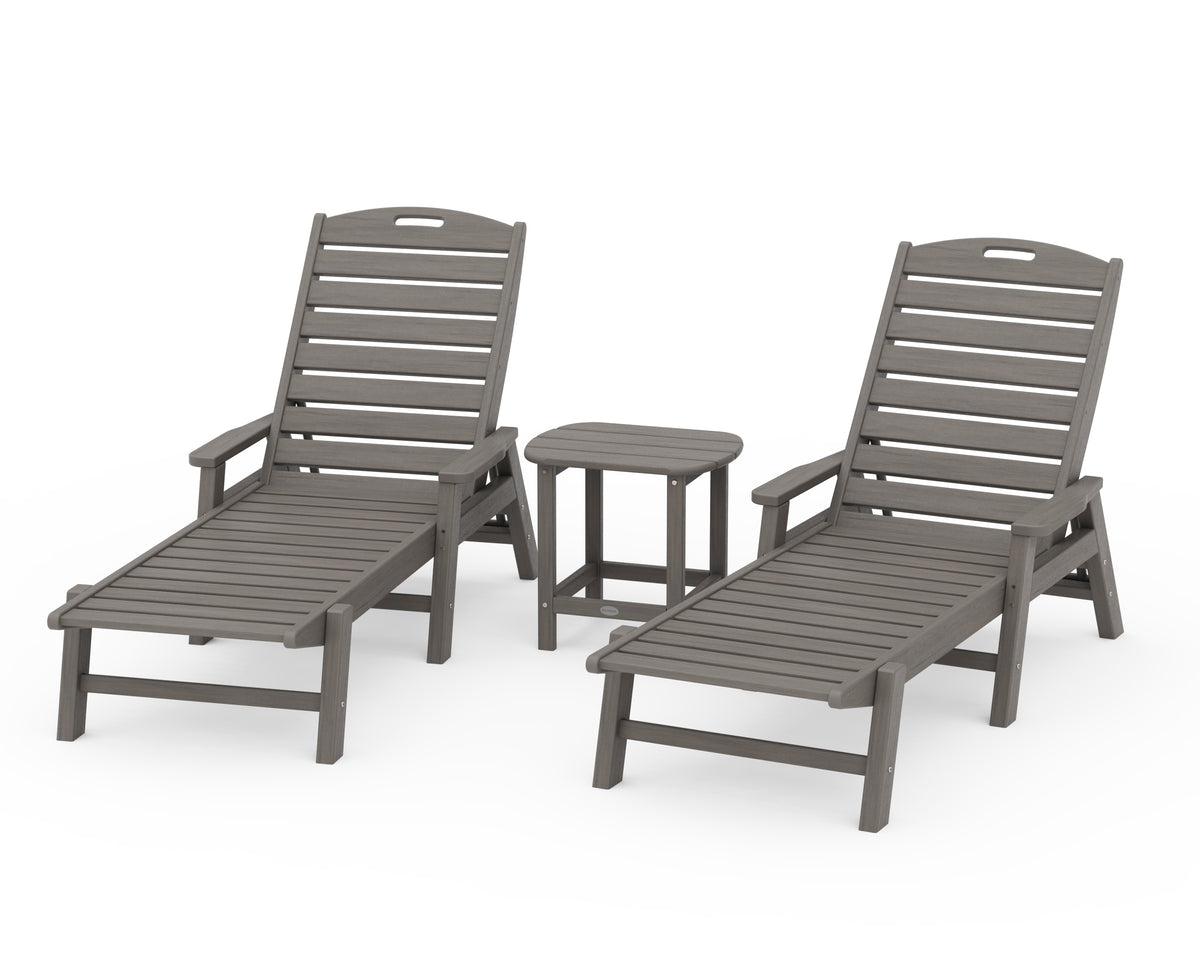 POLYWOOD Nautical 3-Piece Chaise Set with South Beach 18" Side Table in Driftwood