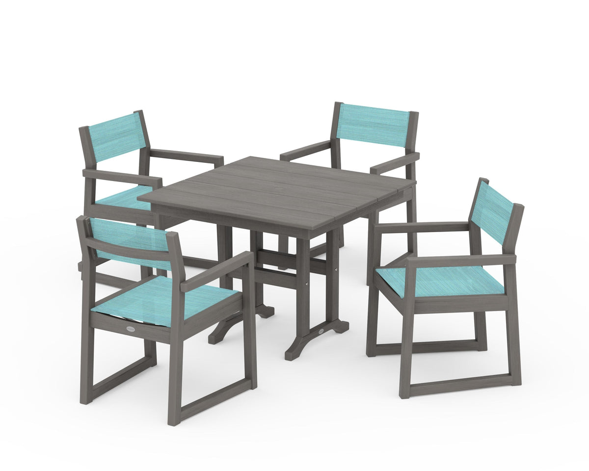 POLYWOOD EDGE Sling Arm Chair 5-Piece Farmhouse Dining Set in Driftwood / Dupioni Aquamarine