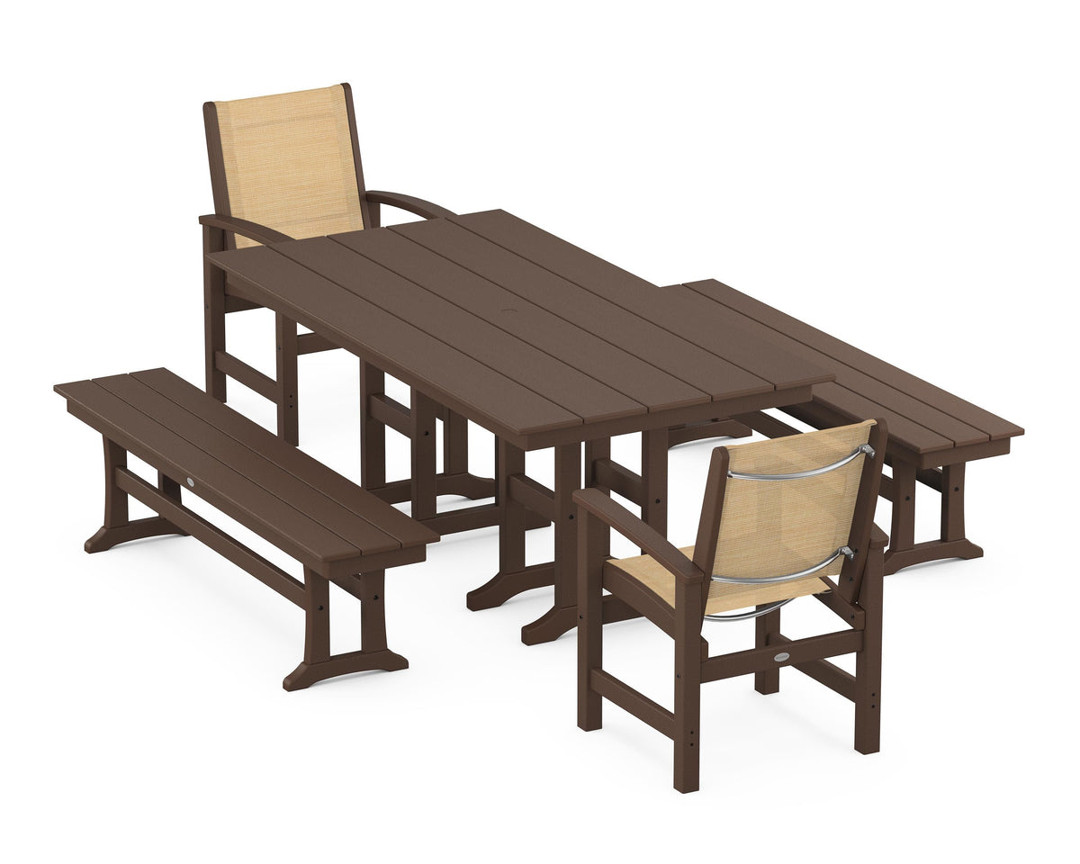 POLYWOOD Coastal 5-Piece Farmhouse Dining Set with Farmhouse 37" x 72" Dining Table in Mahogany / Dupioni Apricot