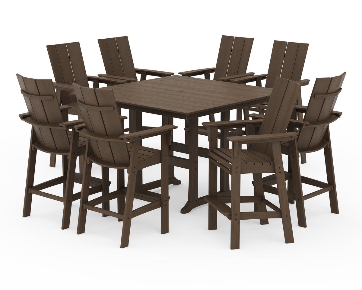POLYWOOD Modern Curveback Adirondack 9-Piece Farmhouse Trestle Bar Set in Kona