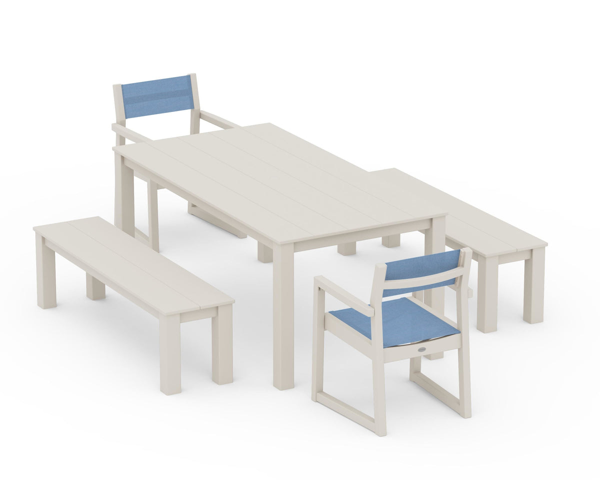 POLYWOOD EDGE Sling Arm Chair 5-Piece Parsons Dining Set with Benches in Sand / Poolside