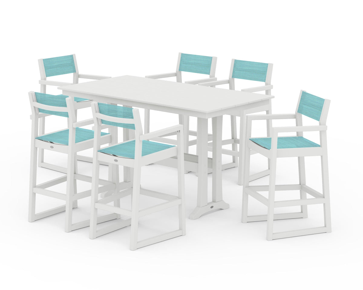 POLYWOOD EDGE Sling Arm Chair 7-Piece Farmhouse Bar Set with Trestle Legs in Vintage White / Dupioni Aquamarine
