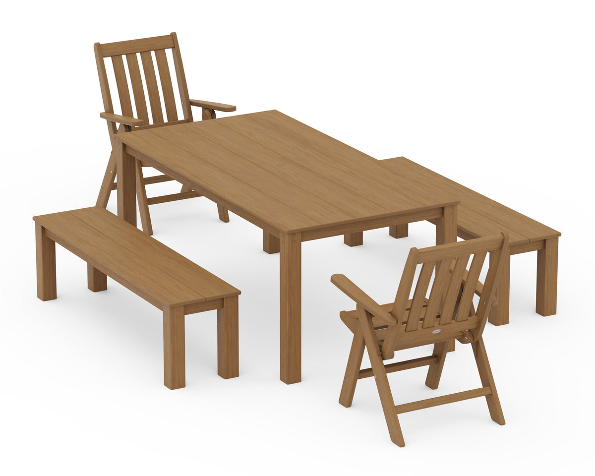 POLYWOOD Vineyard Folding Chair 5-Piece Parsons Dining Set with Benches in Natural