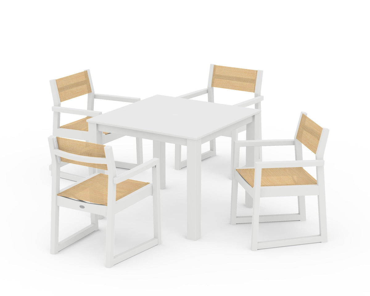 POLYWOOD EDGE Sling Arm Chair 5-Piece Parsons Dining Set in White / Dupioni Apricot