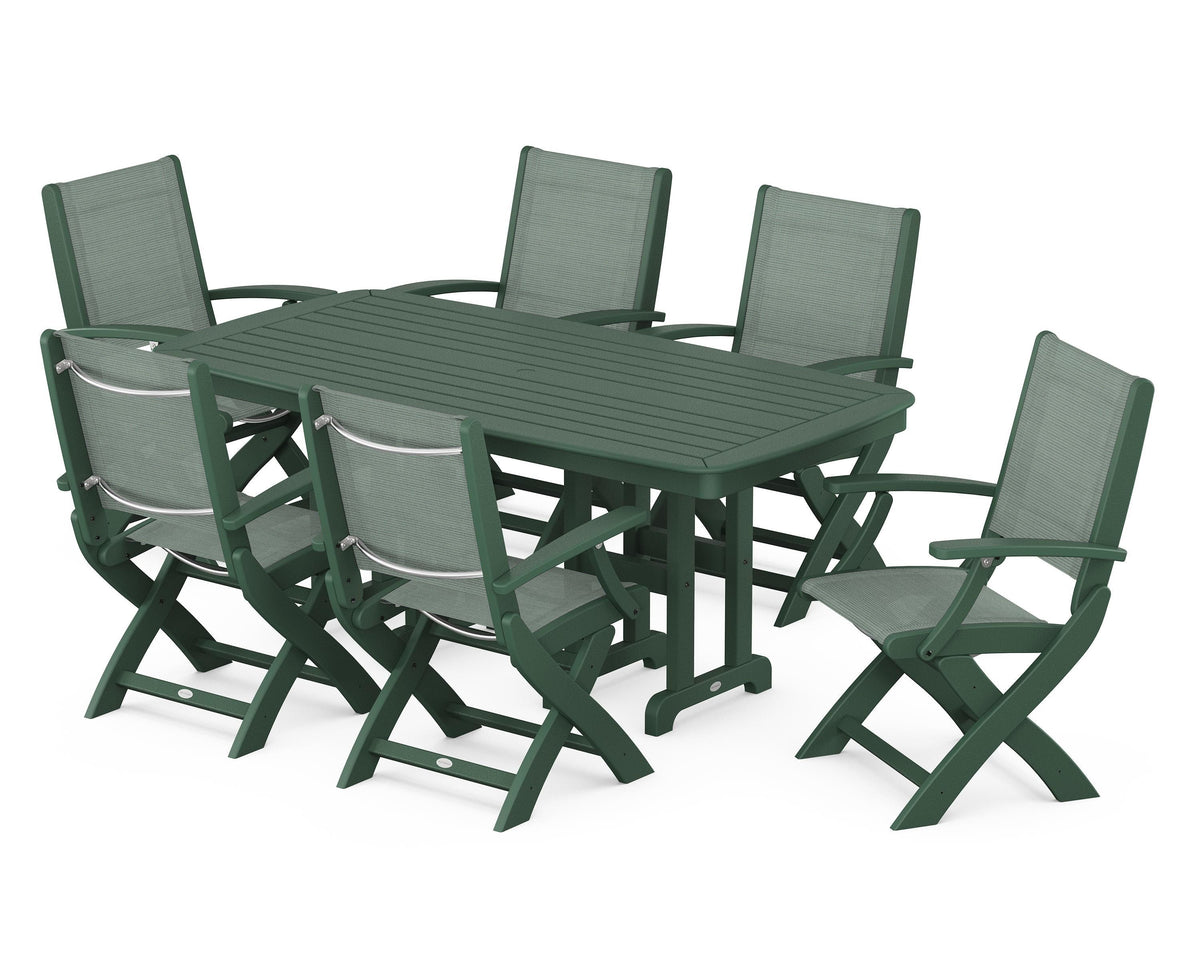 POLYWOOD Coastal Folding Arm Chair 7-Piece Dining Set in Green / Dupioni Sea Mist
