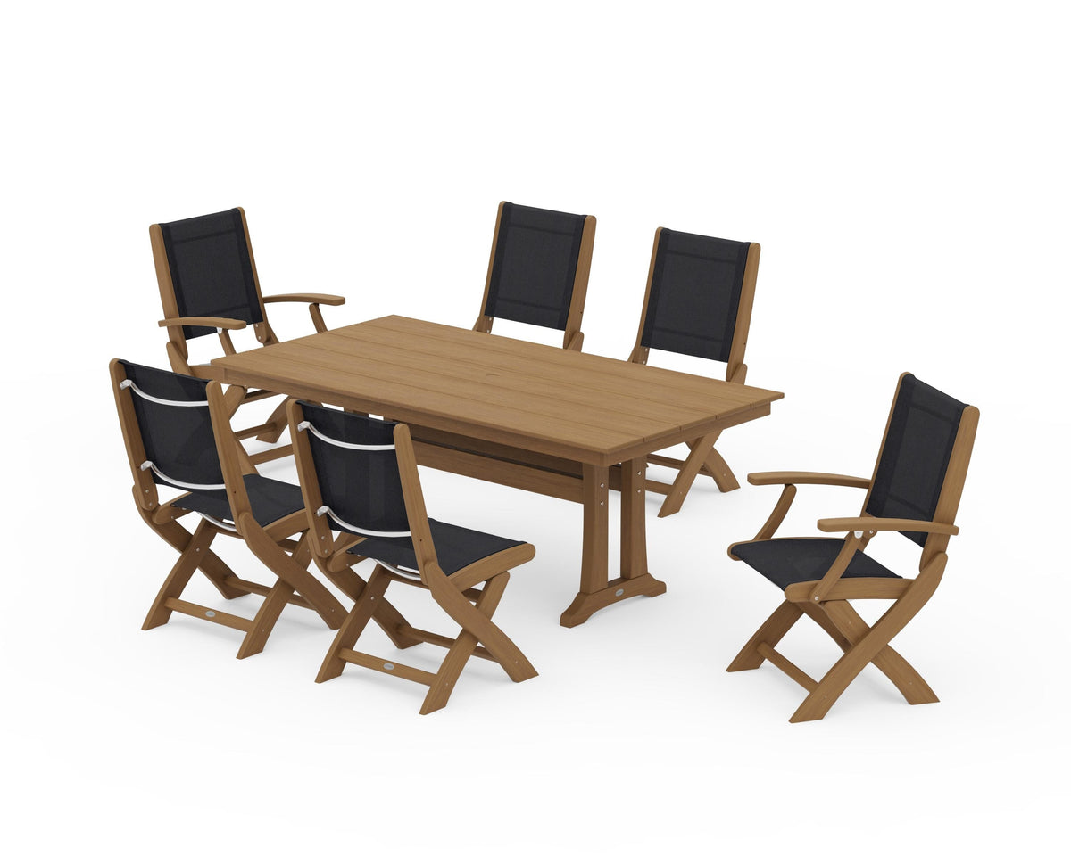 POLYWOOD Coastal Folding Chair 7-Piece Farmhouse Dining Set with Trestle Legs in Natural / Black