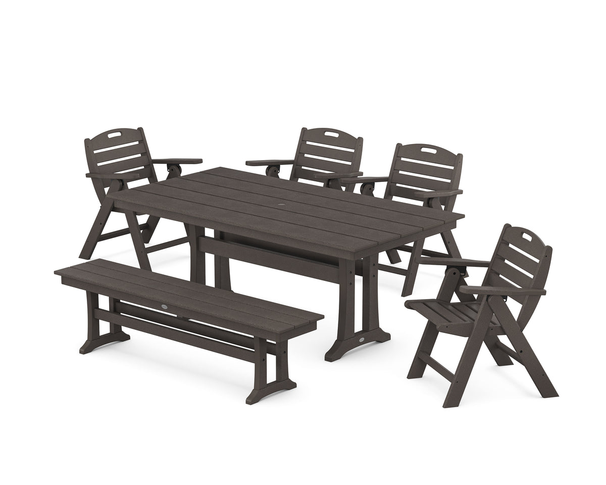 POLYWOOD Nautical Lowback 6-Piece Farmhouse Dining Set with Trestle Legs and Bench in Vintage Coffee