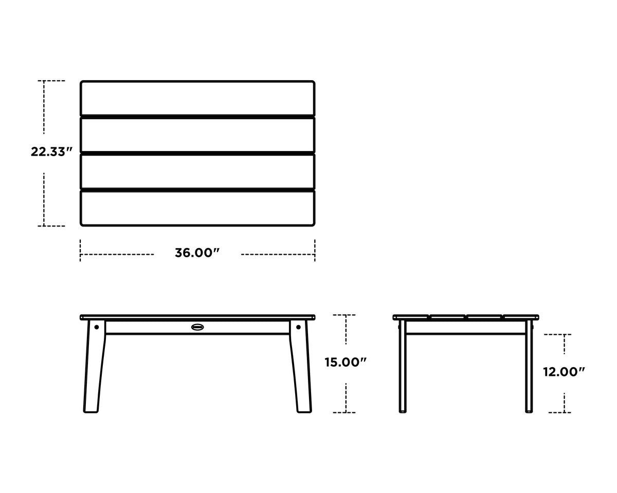 POLYWOOD Lakeside Coffee Table dimension drawing with width, depth and height measurements