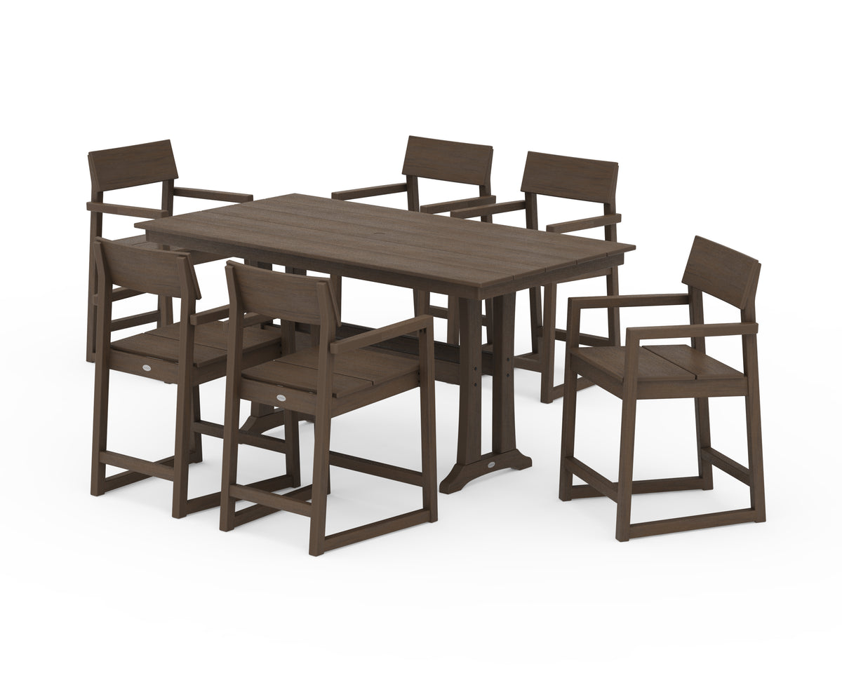 POLYWOOD EDGE Arm Chair 7-Piece Farmhouse Counter Set with Trestle Legs in Kona