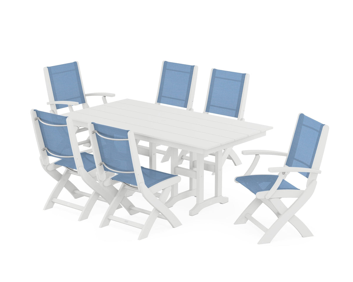 POLYWOOD Coastal Folding Chair 7-Piece Farmhouse Dining Set in White / Poolside