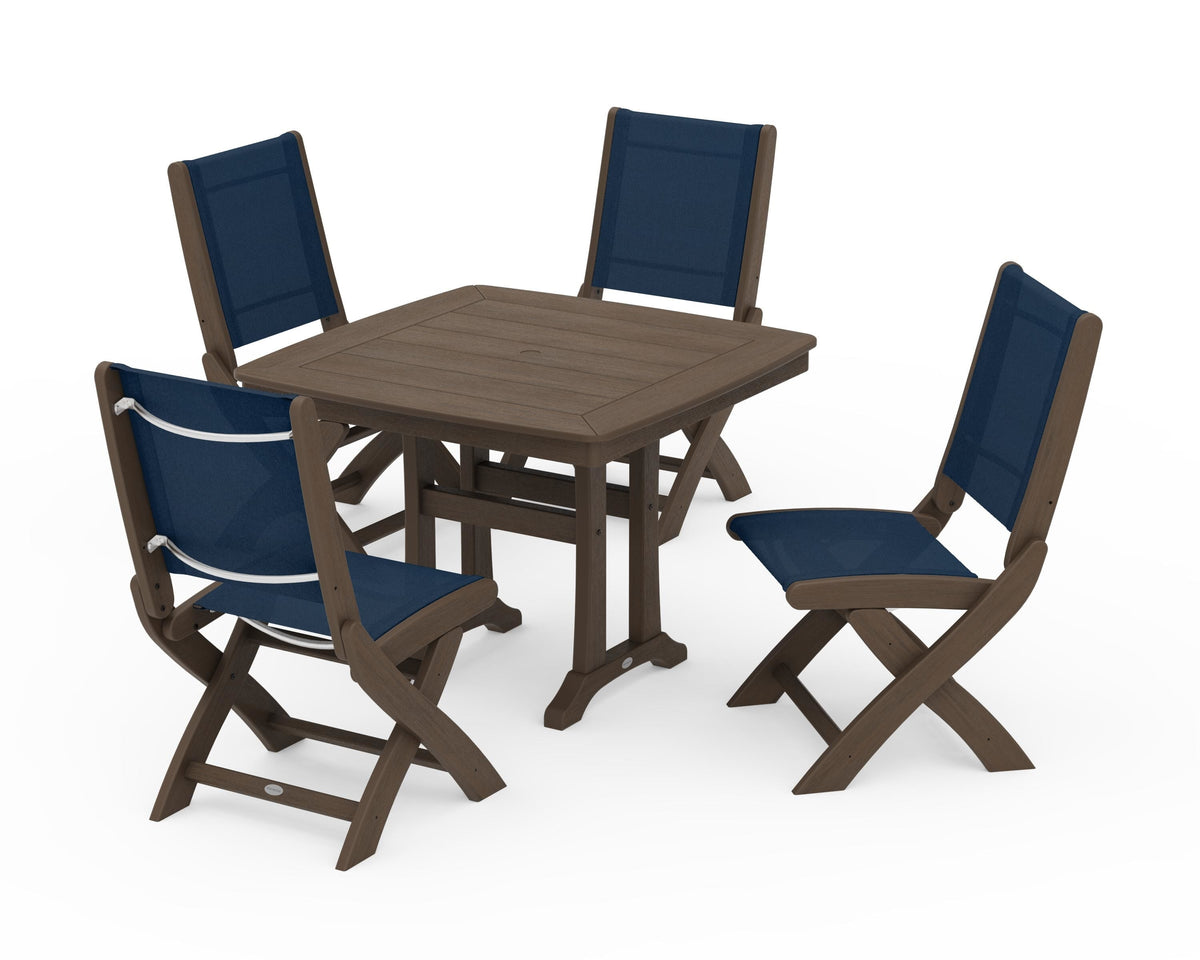 POLYWOOD Coastal Folding Side Chair 5-Piece Dining Set with Trestle Legs in Kona / Navy Blue