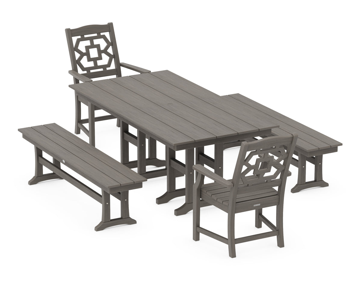 POLYWOOD Chinoiserie 5-Piece Farmhouse Dining Set with Benches in Driftwood