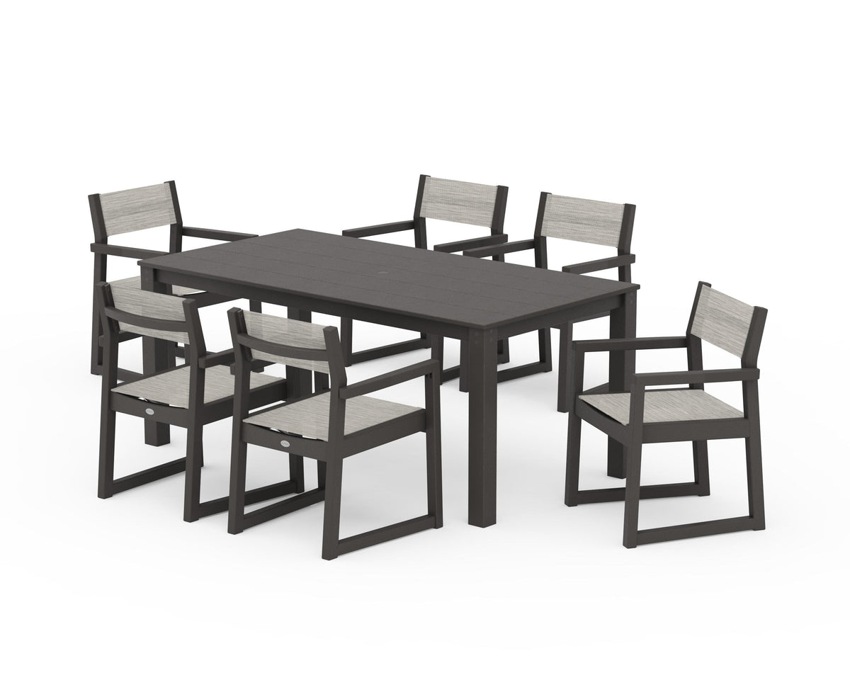 POLYWOOD EDGE Sling Arm Chair 7-Piece Parsons Dining Set in Vintage Coffee / Birch