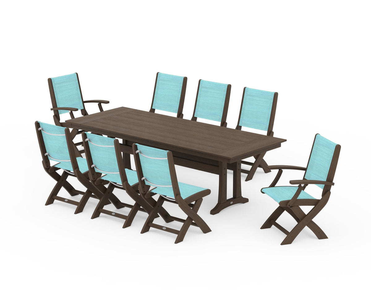 POLYWOOD Coastal 9-Piece Folding Dining Chair Farmhouse Dining Set with Trestle Legs in Kona / Dupioni Aquamarine